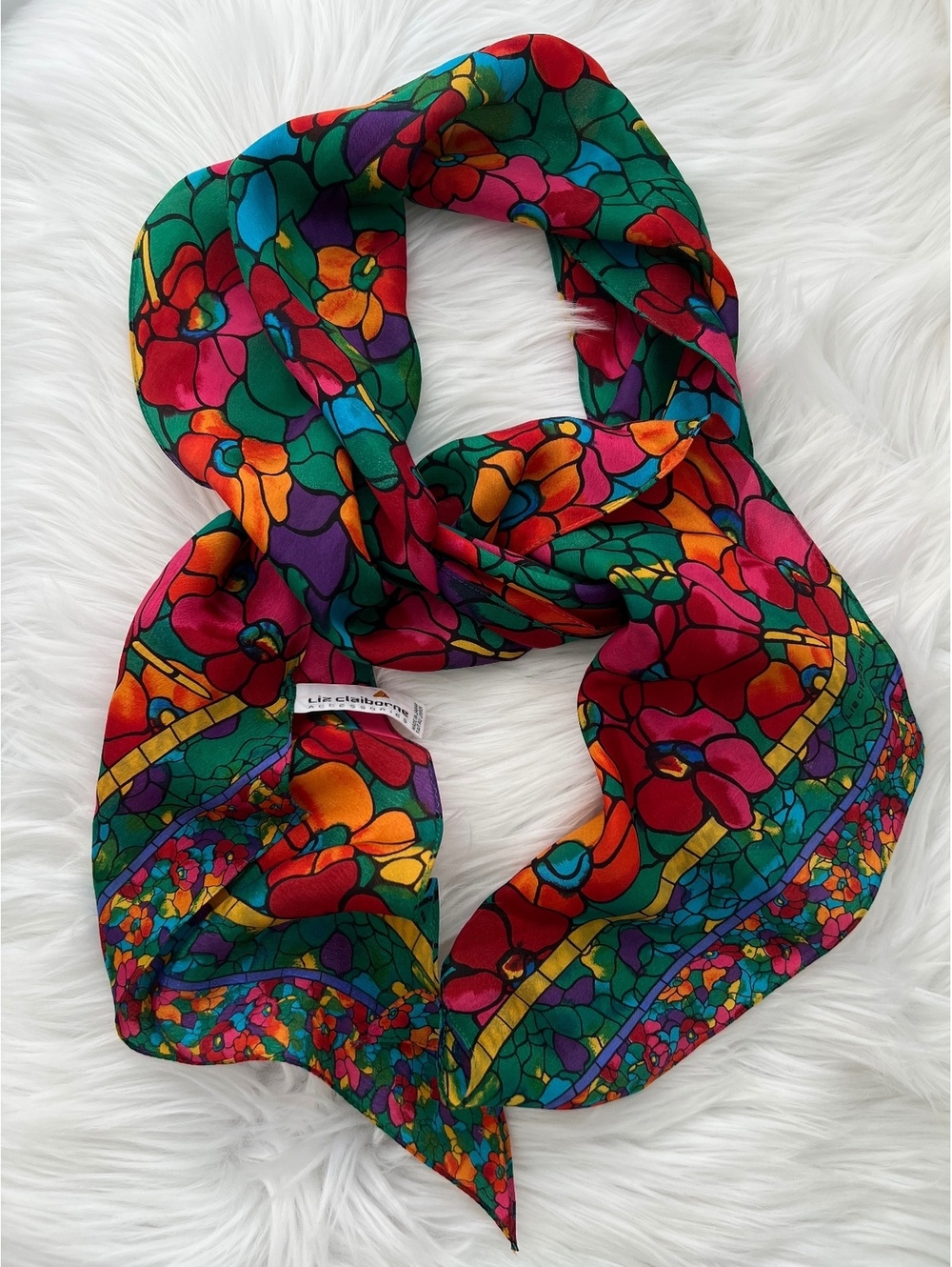Vintage Liz Claiborne 100% Silk Scarf Floral Jewel Tone Made Japan 8x64